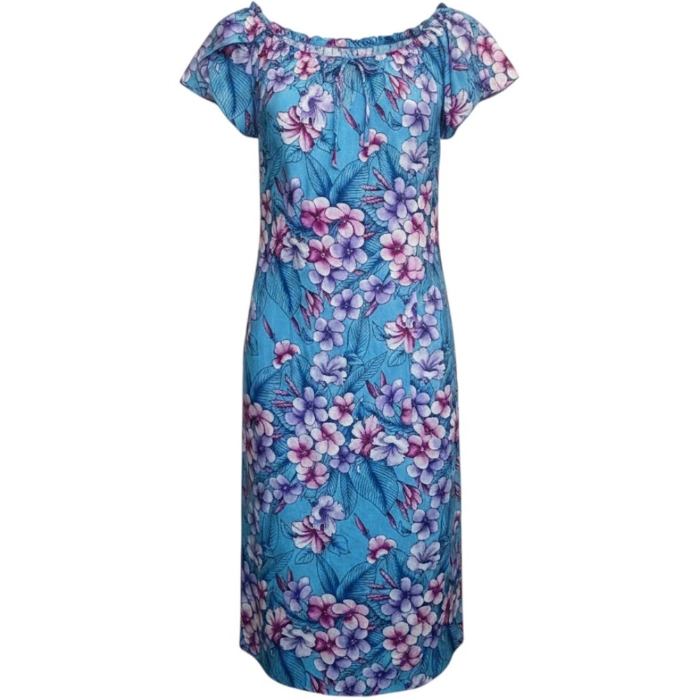 VTG Hilo Hatties Dress Blue Floral Flutter Sleeve Muumuu Hawaiian Tropical XL‎
